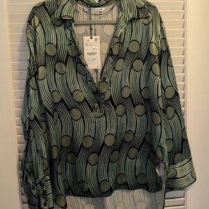 Zara Geometric Green and Black Button Down Shirt